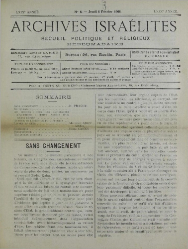 Archives israélites de France. Vol.69 N°06 (06 févr. 1908)